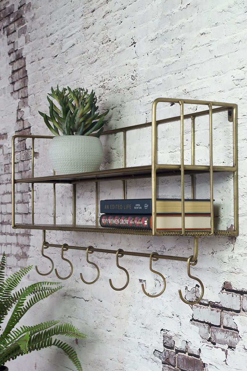 Industrial Wall Shelf with Hooks Antique Brass Vincent and Barn