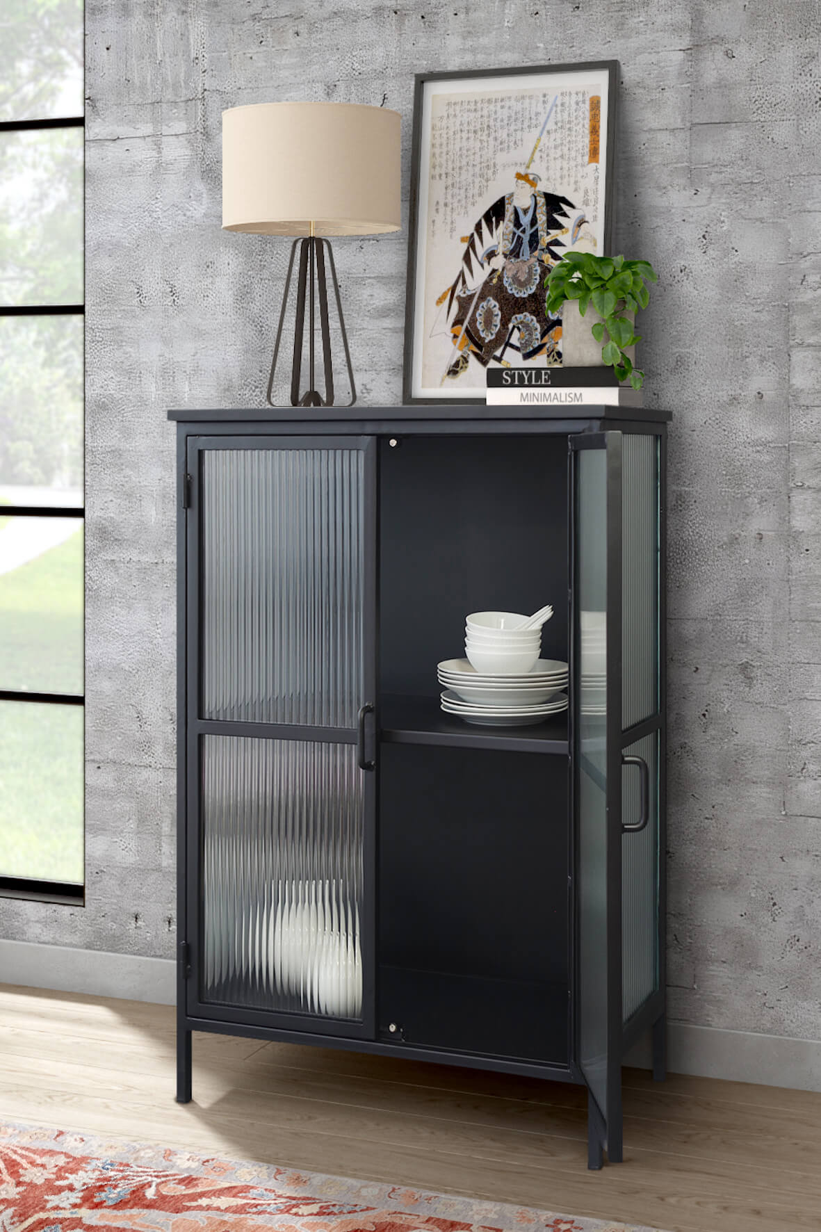 Industrial Fluted Glass 2 Door Sideboard - Matt Black