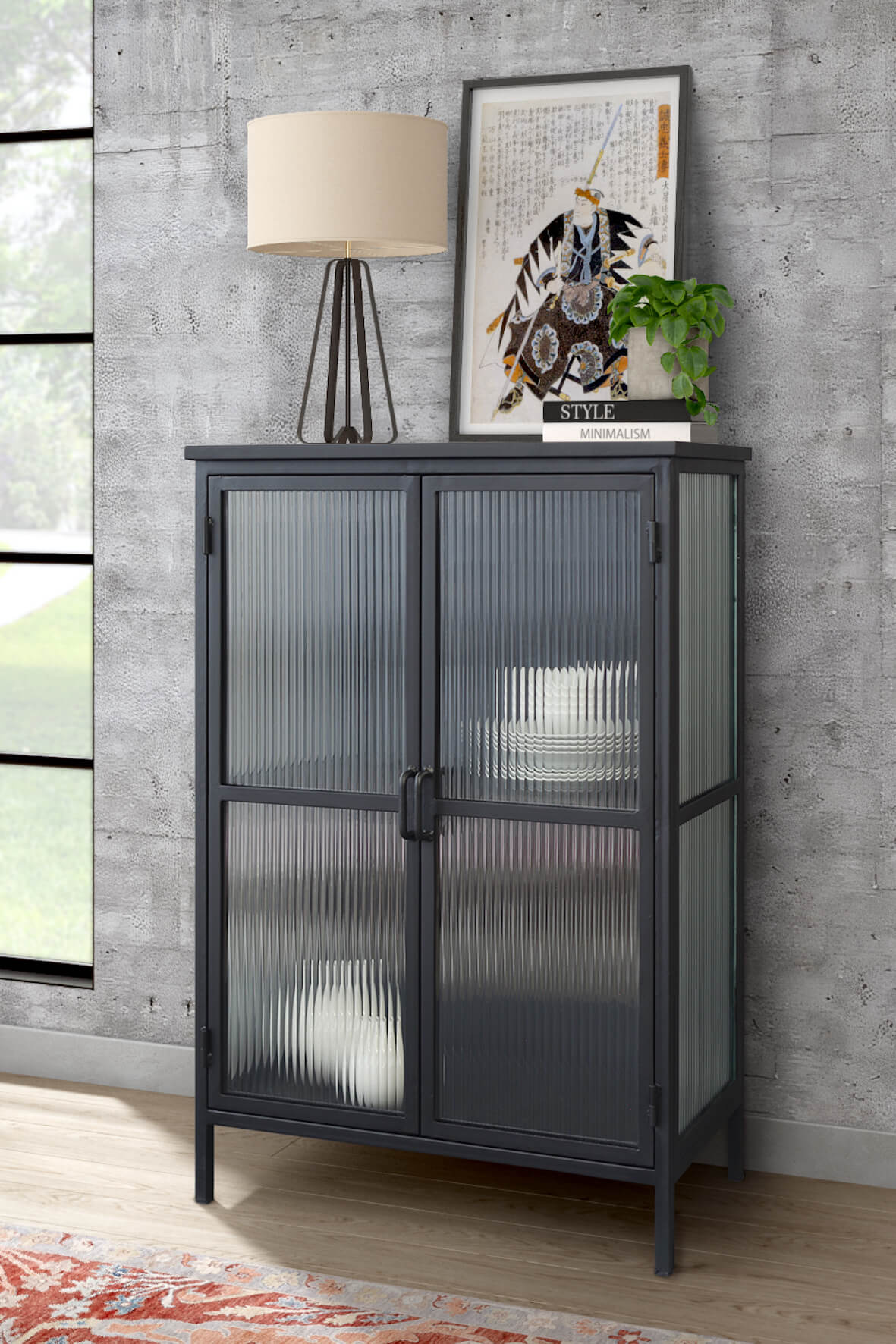 Industrial Fluted Glass 2 Door Sideboard - Matt Black