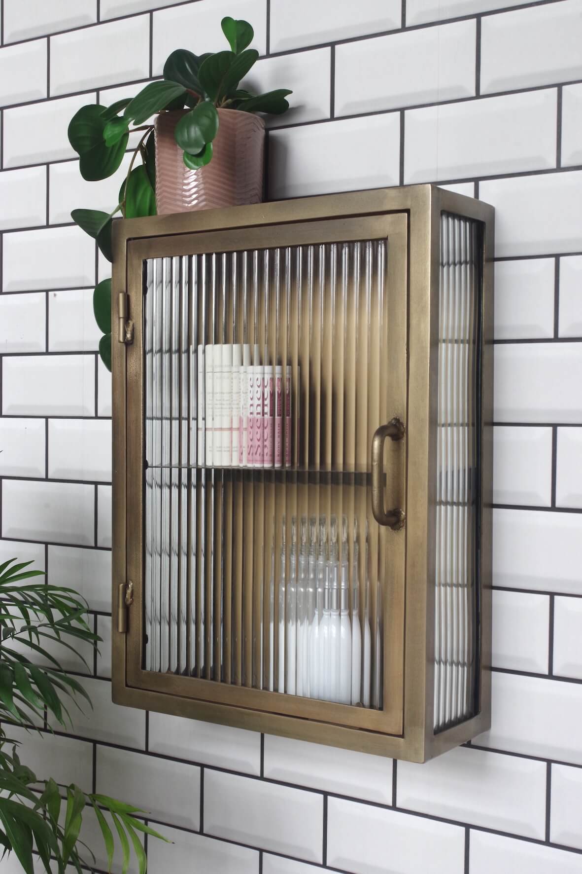 Industrial Fluted Glass Bathroom Cabinet - Antique Brass