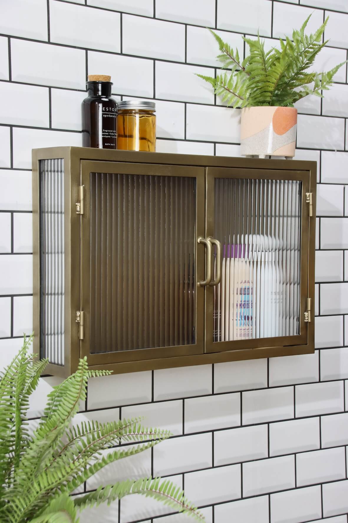 Industrial Fluted Glass Double Door Wall Cabinet - Antique Brass