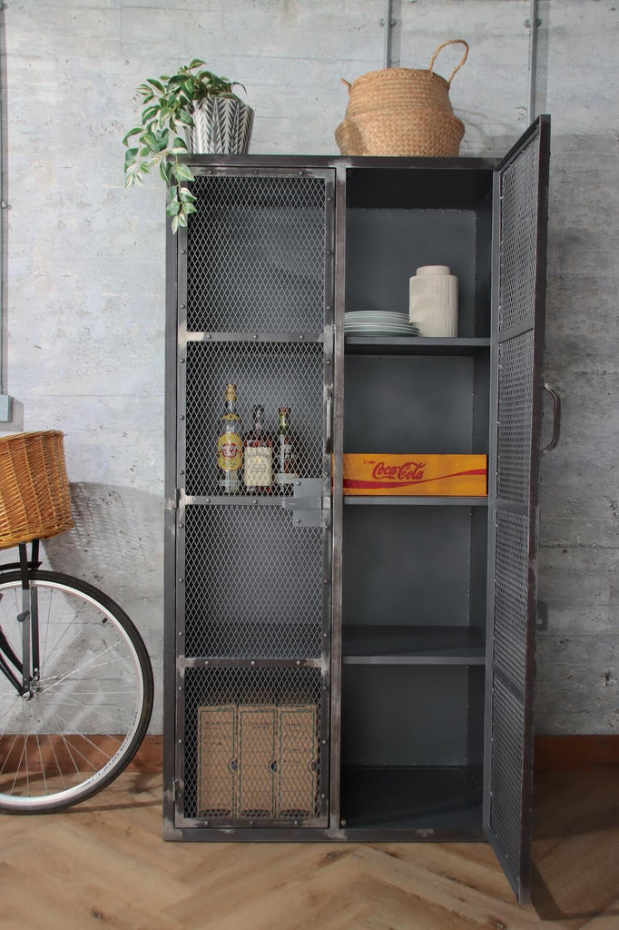 Industrial Mesh Cupboard with a distressed finish door open