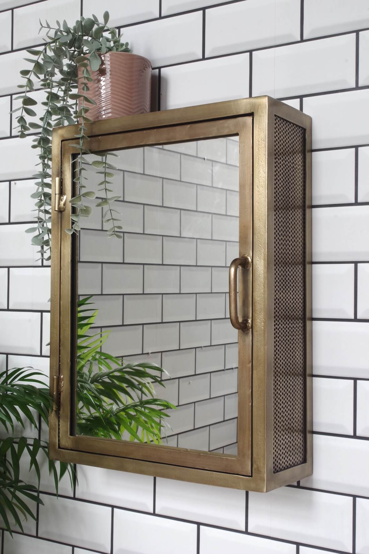 Industrial Mirrored Bathroom Wall Cabinet - Antique Brass