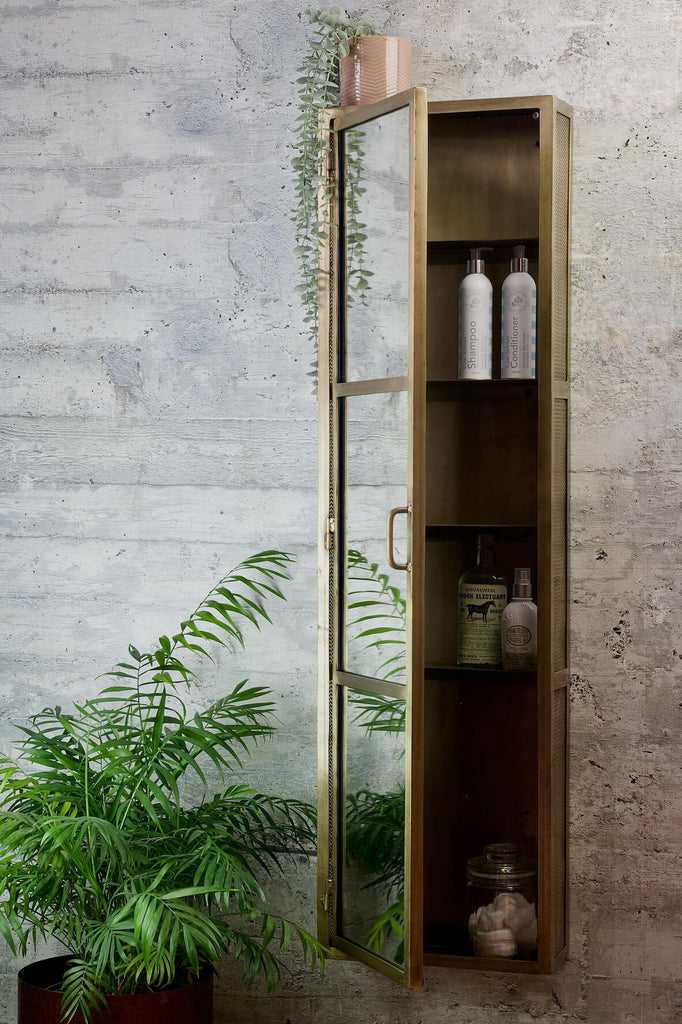 Industrial Mirrored Tall Slim Bathroom Cabinet - Antique Brass