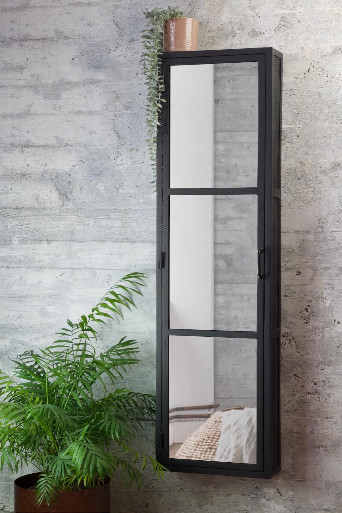 Industrial Mirrored Tall Slim Bathroom Cabinet - Matt Black