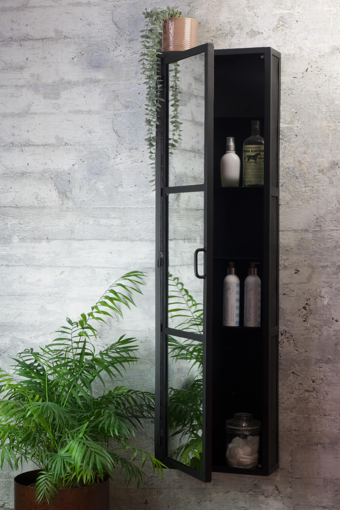 Industrial Mirrored Tall Slim Bathroom Cabinet - Matt Black