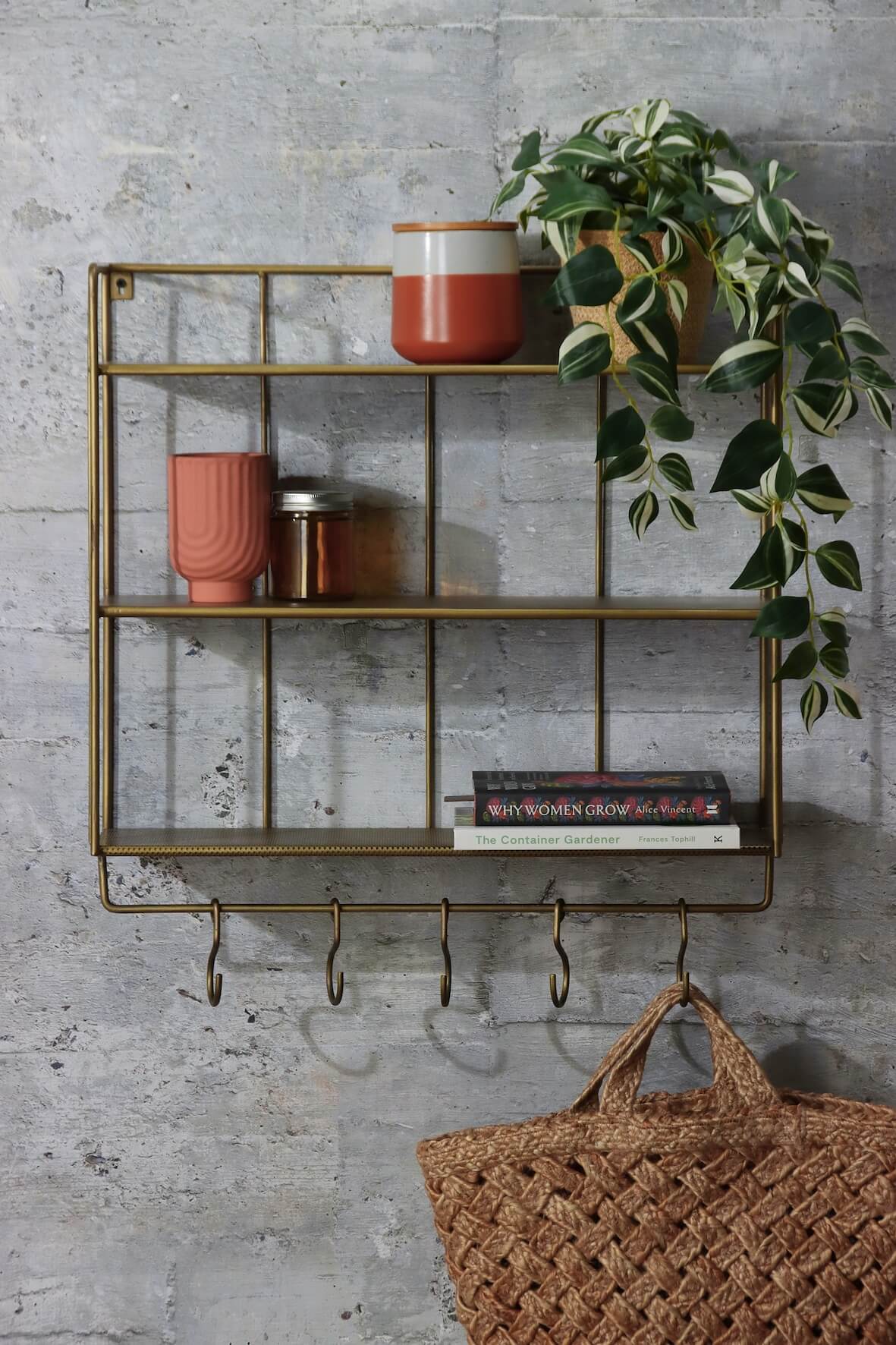 Industrial Wall Shelf with hooks - Tall  Antique Brass