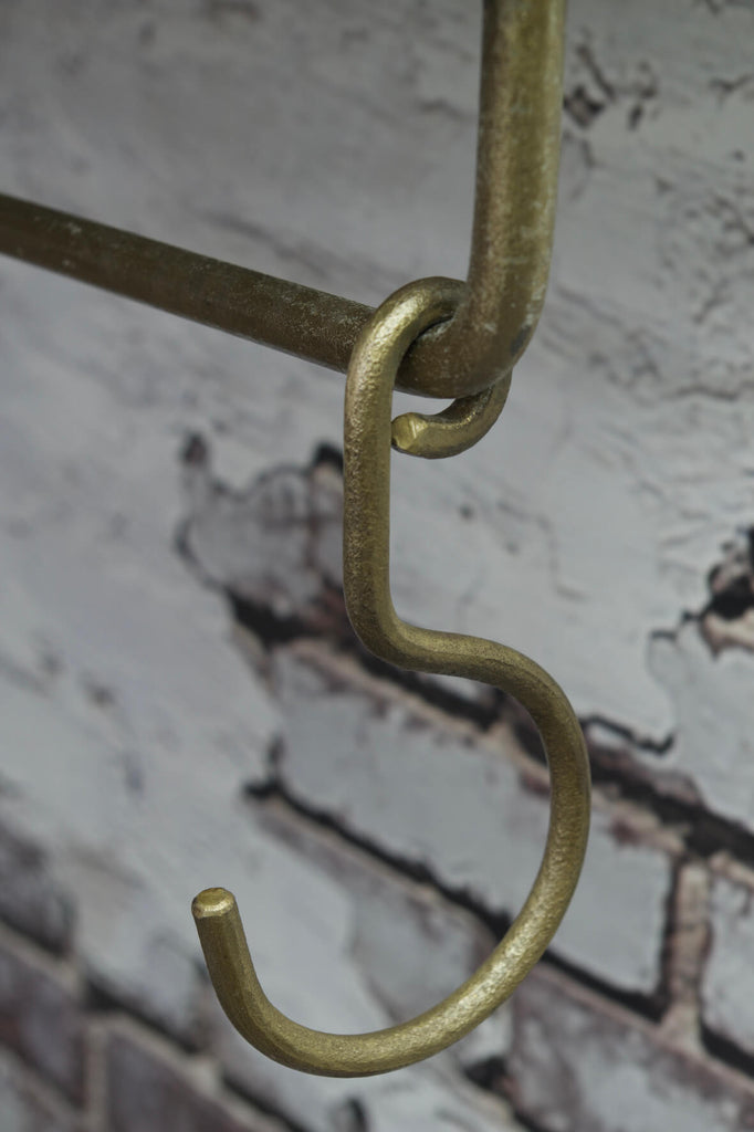 Industrial Wall Shelf with hooks - Tall  Antique Brass close up of hook