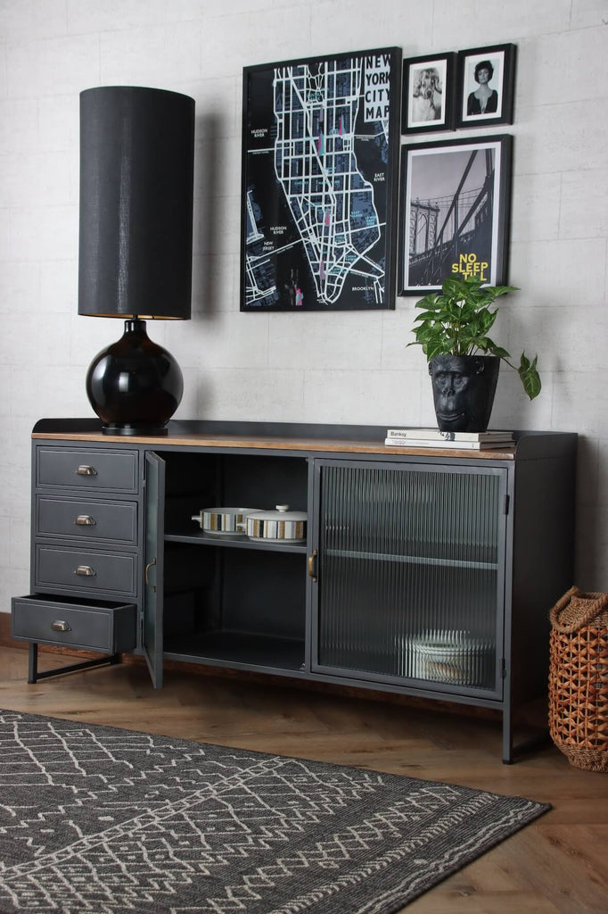 Vintage Industrial Style Sideboard with Drawer and Fluted Glass Door Open