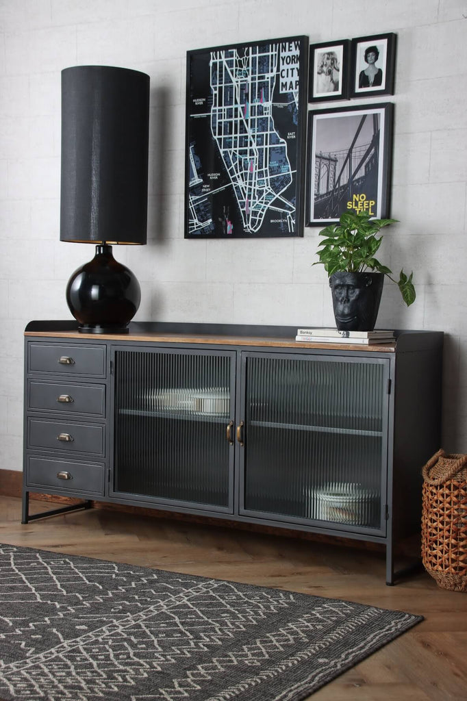 Vintage Industrial Style Sideboard with 4 Drawers and 2 Fluted Glass Doors