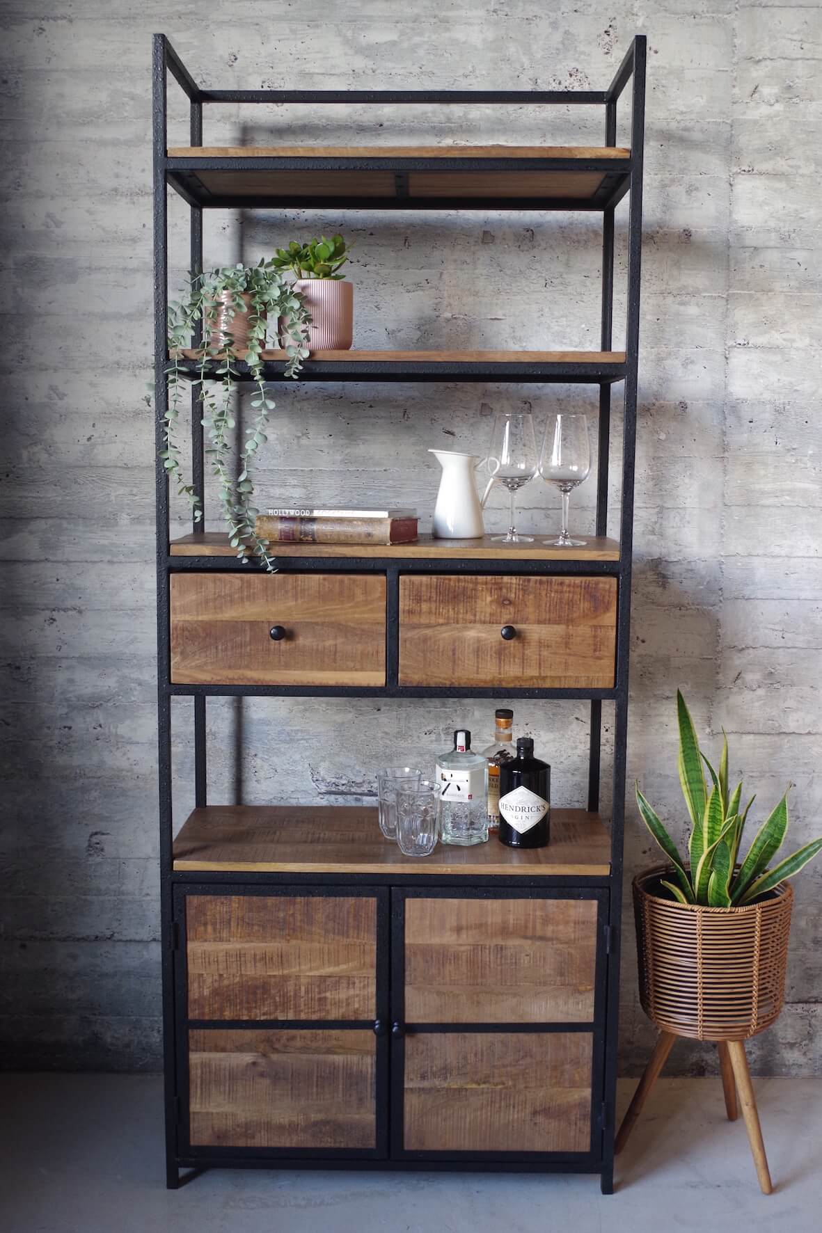 Industrial Bookcase with Cupboard and Drawers, Solid Wood, Black Metal Frame, 200cm x 80cm