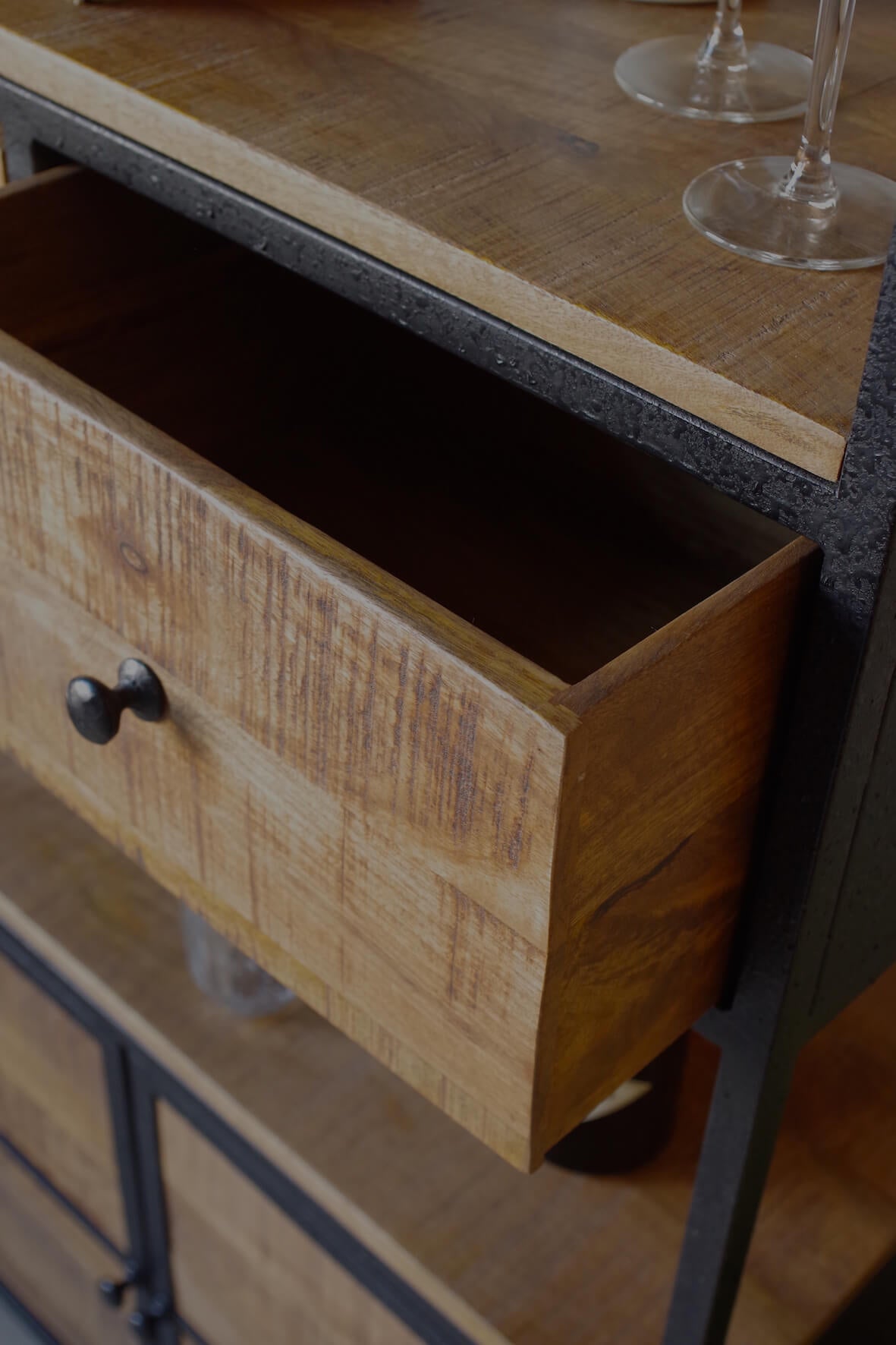 Industrial Bookcase with Cupboard and Drawers, Solid Wood, Black Metal Frame, 200cm x 80cm