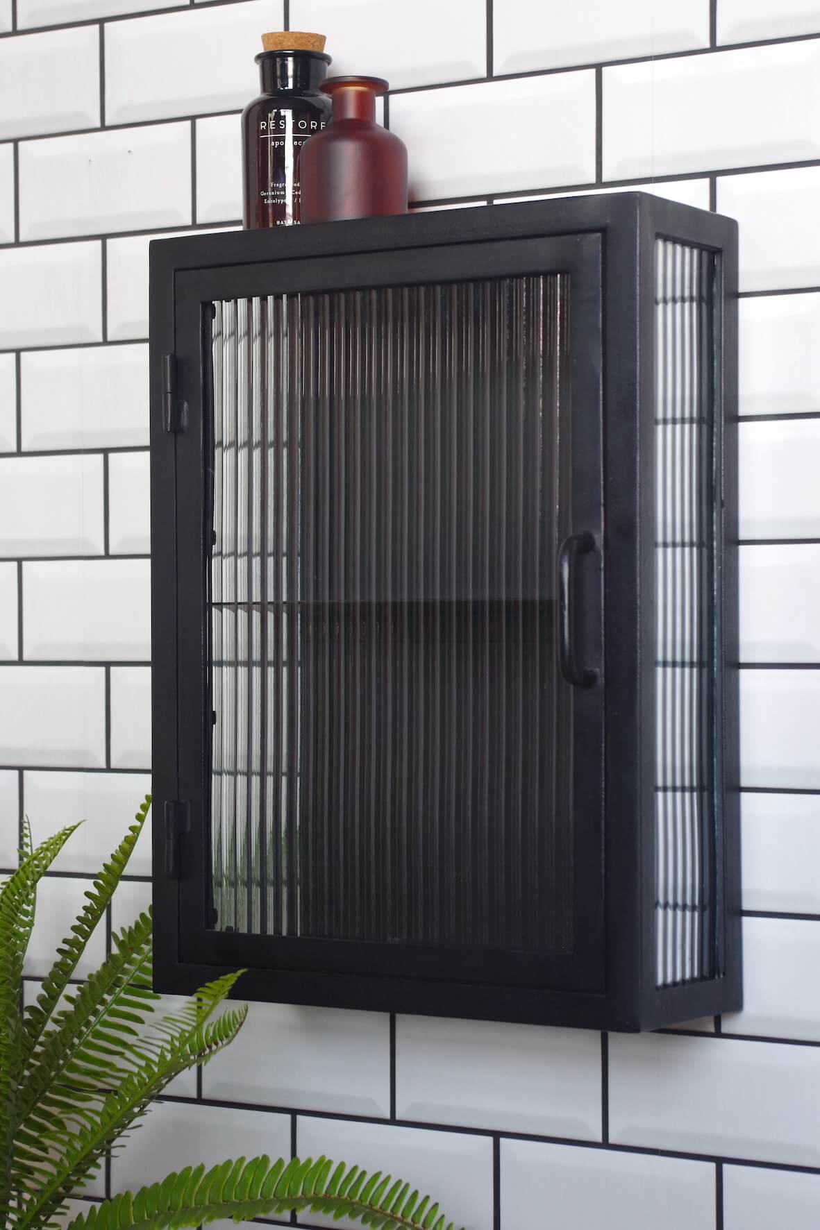 Black Industrial Fluted Glass Bathroom Cabinet, Metal Frame, 48cm x 35cm