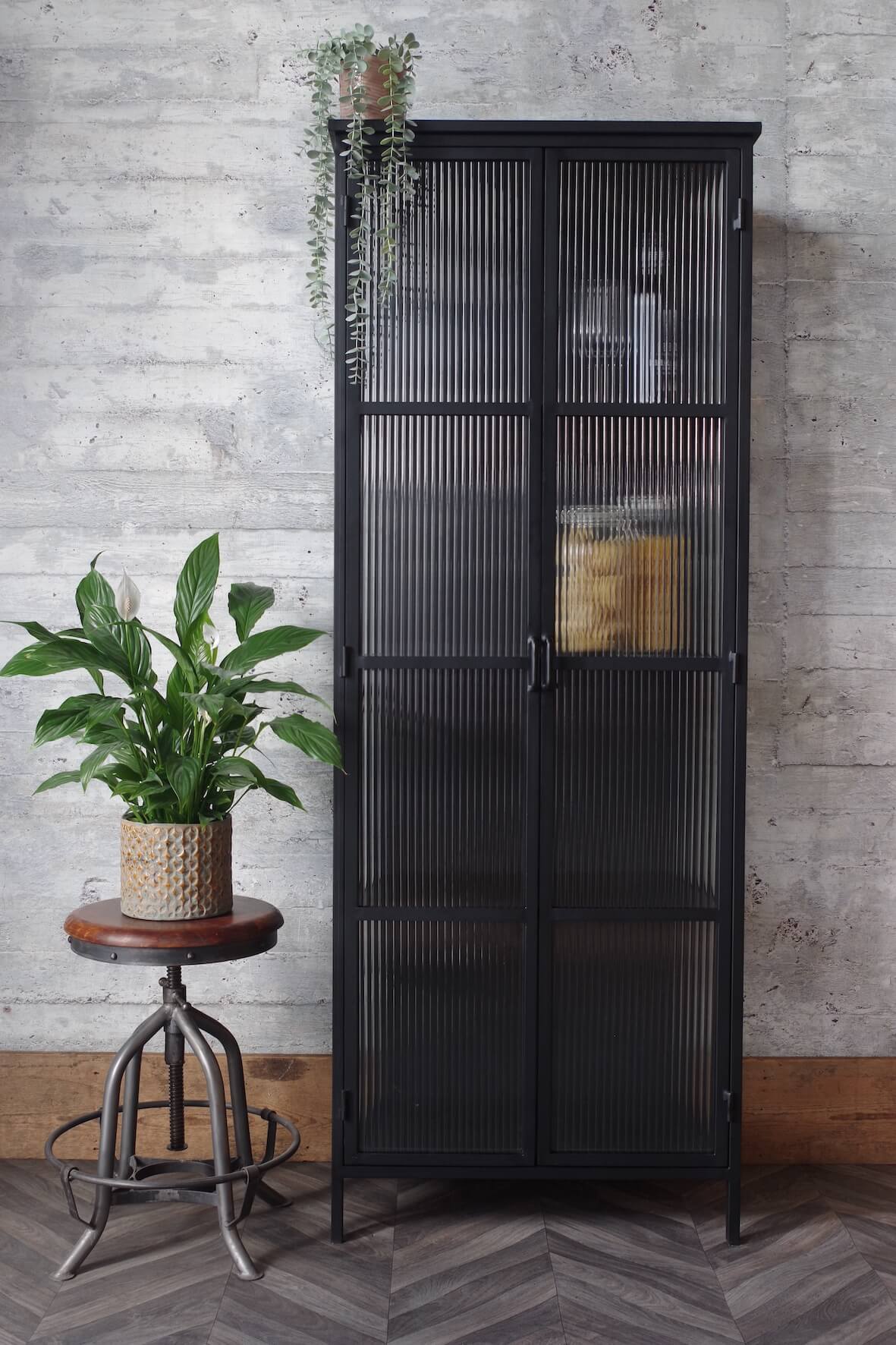 Industrial Fluted Glass Display Cabinet - Matt Black