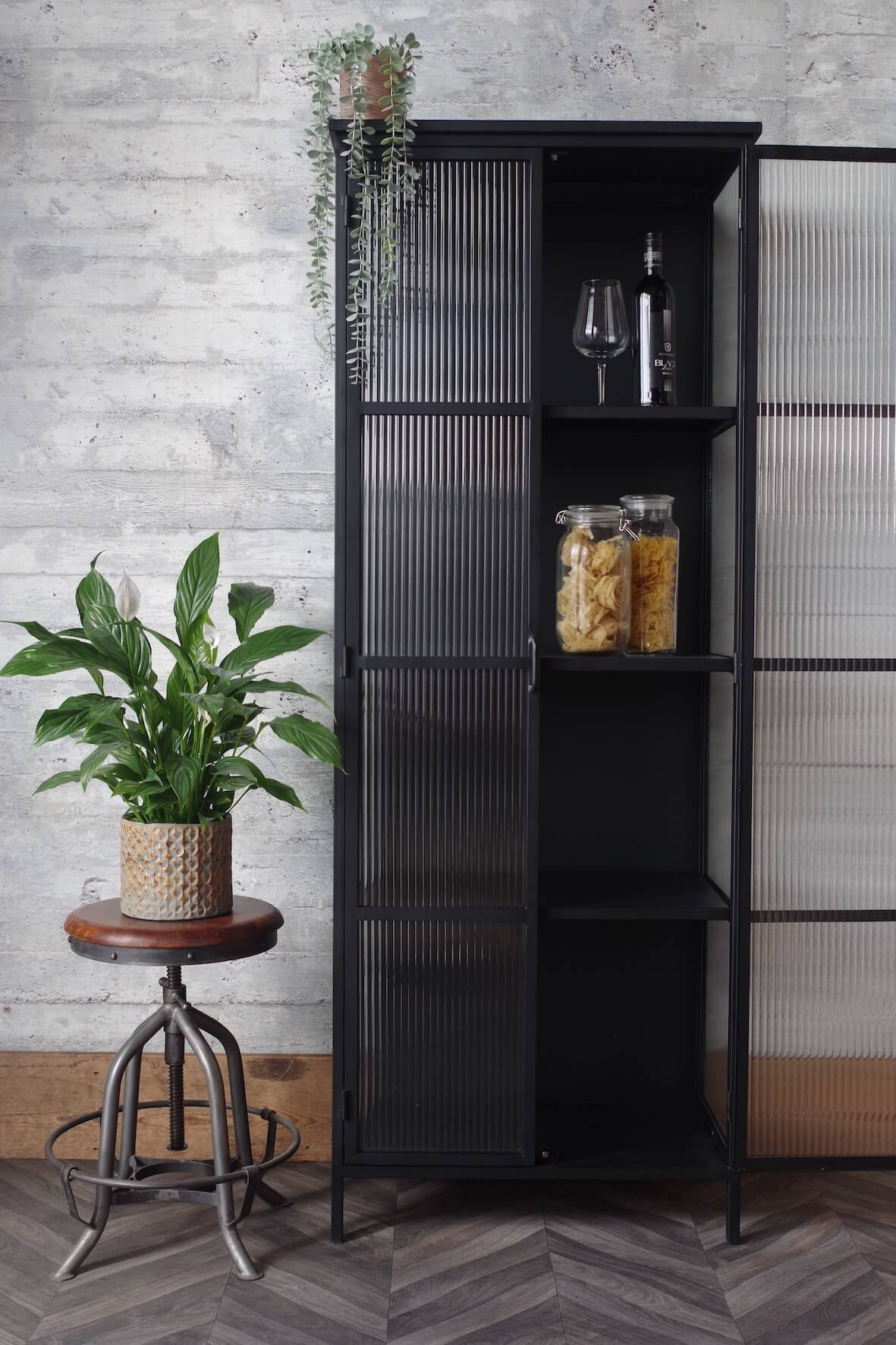 Industrial Fluted Glass Display Cabinet - Matt Black