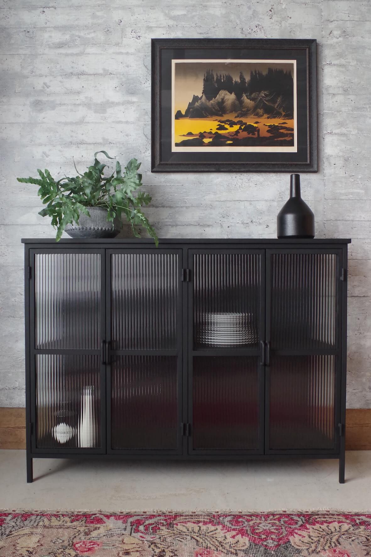 Industrial Fluted Glass Sideboard - Matt Black