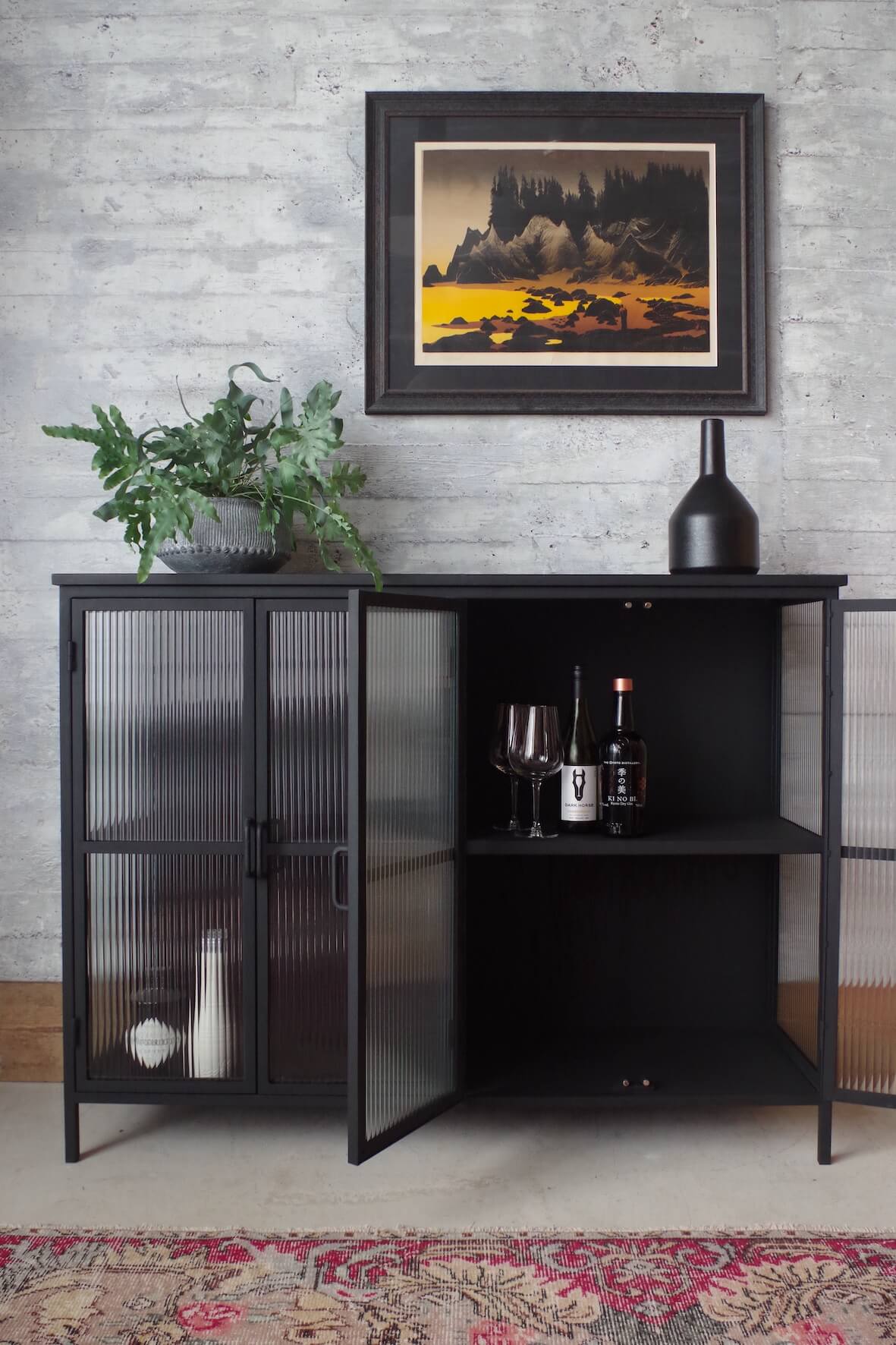 Industrial Fluted Glass Sideboard - Matt Black