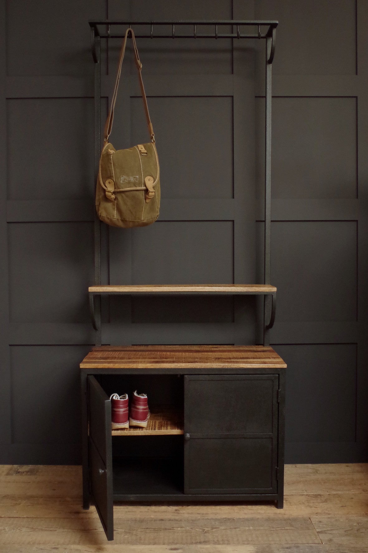 Industrial metal and wood Hall Stand. Shoe cupboard and hooks for coats. 